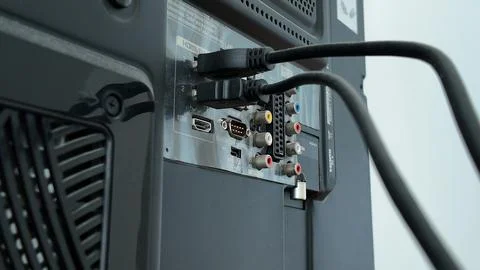 Electronic Device Ports With Connected Cables 스톡 사진