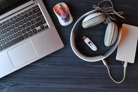 Electronic device on the workplace. Technology background. Stock Photos