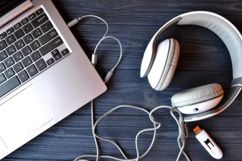 Electronic device on the workplace. Technology background. Stock Photos