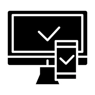 Electronic devices with approval solid icon. Computer and smartphone with tick Stock Illustration