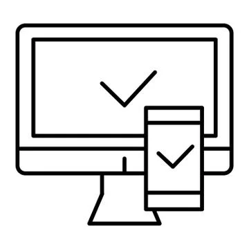 Electronic devices with approval thin line icon. Computer and smartphone with Stock Illustration