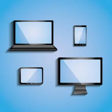 Electronic devices with blank screens computer monitor smartphone tablet and Illustrazione stock
