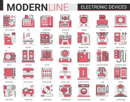 Electronic devices complex concept flat line icon vector illustration set 스톡 일러스트