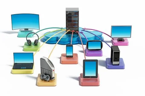 Electronic devices connected to the cloud network. 3D illustration Illustrazione stock