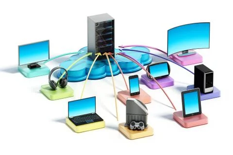 Electronic devices connected to the cloud network. 3D illustration Illustrazione stock