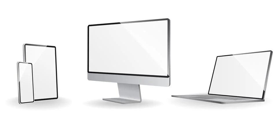 Electronic devices mockups. White desktop monitor, laptop, tablet and phone set Stock Illustration