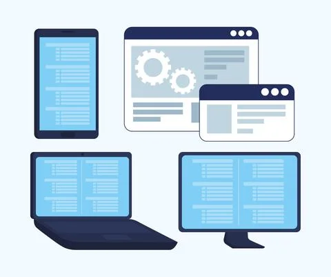 Electronic devices with programming language and webpages templates Stock Illustration