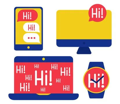 Electronic devices set with greeting messages Hi on screens. Modern gadget Stock Illustration