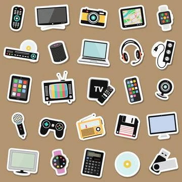 Electronic devices, technology and digital gadgets stickers Stock Illustration