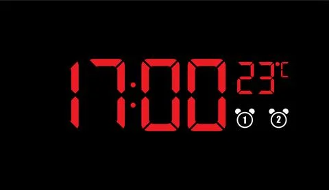 Electronic digital clock glowing in red showing time temperature and alarm イラスト素材