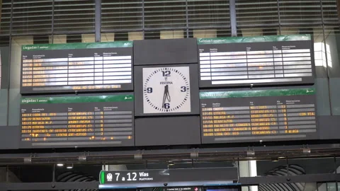 Electronic Display shows info at the Santa Justa railway station in Seville Stock Footage 248858327