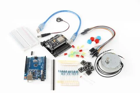Electronic DIY project Arduino with peripherals and expansion 库存照片