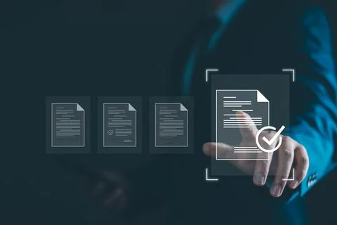 Electronic document management concept. Document management man sign an elect Stock Photos