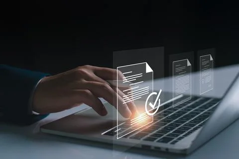 Electronic document management concept. Document management man sign an elect Stock Photos