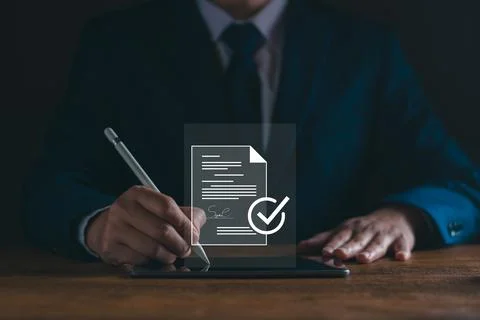 Electronic document management concept. Document management man sign an elect Stock Photos