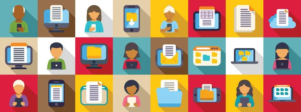 Electronic document management icons set. Colorful flat design icons set show Illustrazione stock