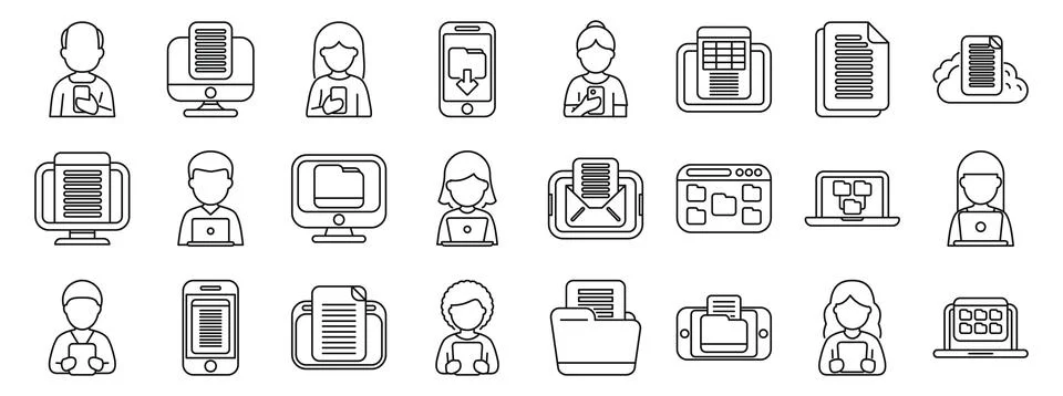 Electronic document management icons set. Line icons representing people work Stock Illustration