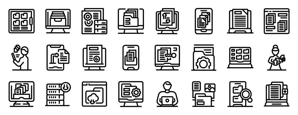 Electronic document management icons set. Document management system icons .. Stock Illustration