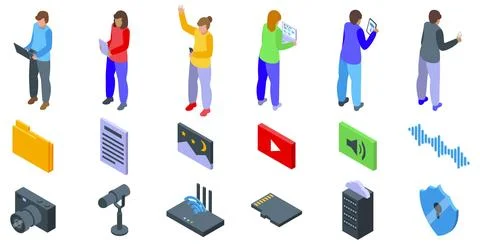 Electronic document management icons set. People using digital devices and .. 스톡 일러스트