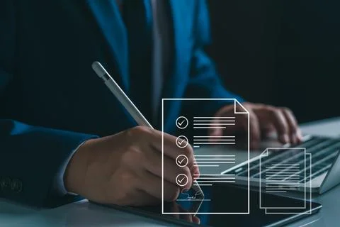 Electronic document signature concept. Document management man sign an electr Stock Photos