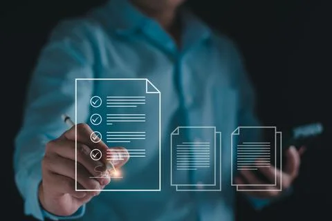 Electronic document signature concept. Document management man sign an electr Stock Photos