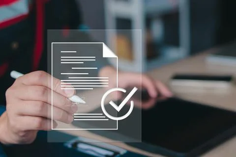 Electronic document signature concept. Document management man sign electroni Stock Photos