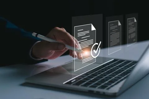 Electronic document signature concept. Document management man sign an electr Stock Photos