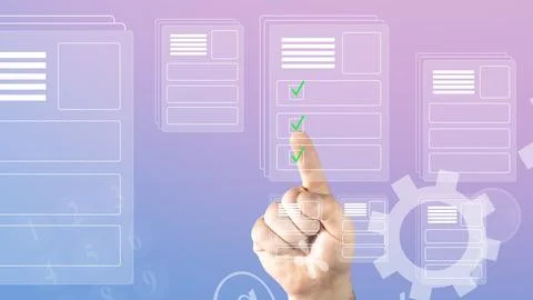 Electronic documents on virtual display, concept, hand selecting desired folder Stock Photos