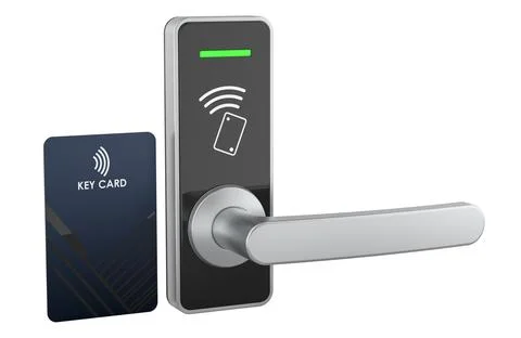 Electronic door lock with key card for hotel access. 3D rendering Stock Illustration