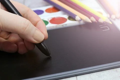 Electronic drawing pen tablet so close Stock Photos