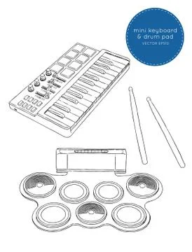 Electronic drum pad kit and mini keyboard sketch vector. Stock Illustration