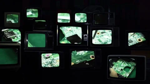 Electronic Factory Worker Holding Assembled PCB, Seen On Retro TVs. Video stock 114049699