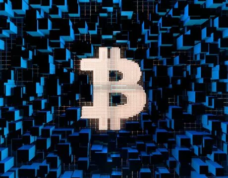 Electronic financial currency Bitcoin, data transmission and storage Stock Illustration
