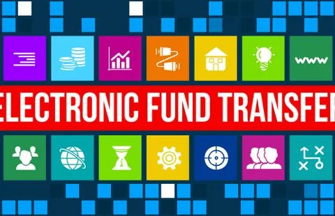 Electronic fund transfer concept image with business icons and copyspace. Stock Illustration