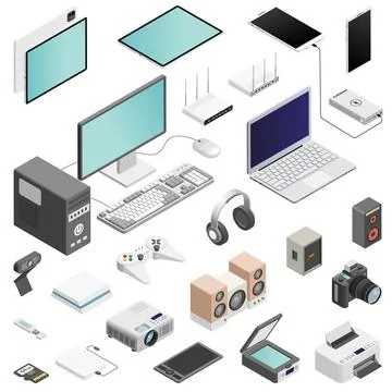Electronic gadgets, devices and office equipment isometric vector icons lar.. Stock Illustration