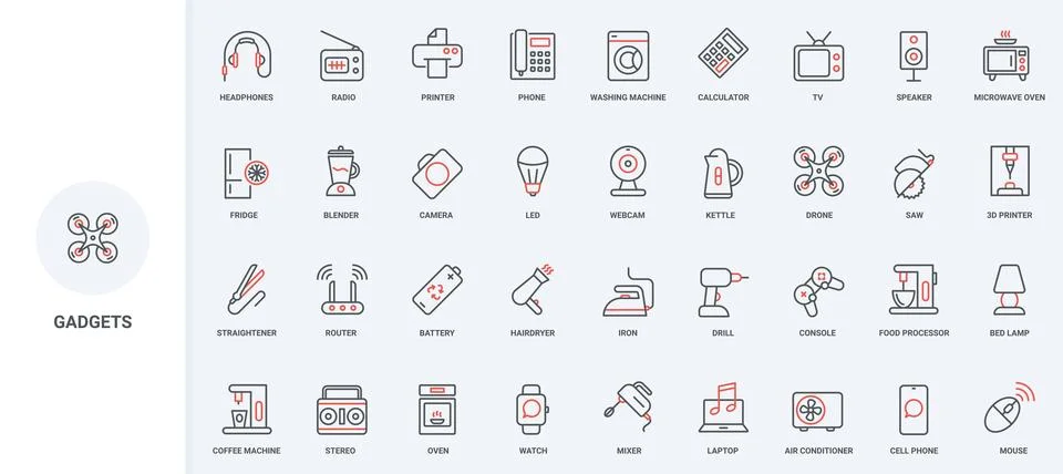 Electronic gadgets, smart home devices, electrical appliances for household line Illustrazione stock