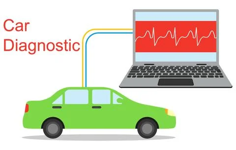 Electronic green car diagnostic system concept with laptop computer screen Stock Illustration