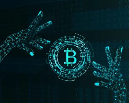 Electronic hands and bitcoin symbol. Illustrazione stock