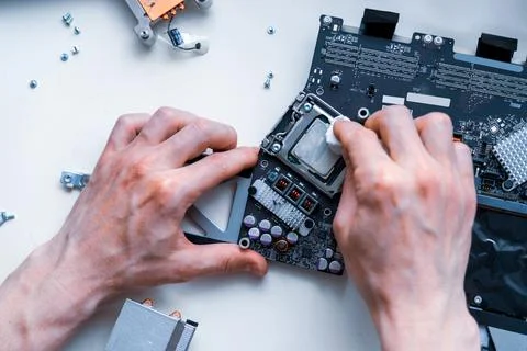 Electronic hardware repair. Computer macro technician engineer service flat l Stock Photos