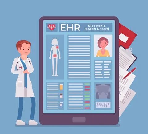 Electronic health record, EHR digital patient tablet chart, male doctor Stock Illustration