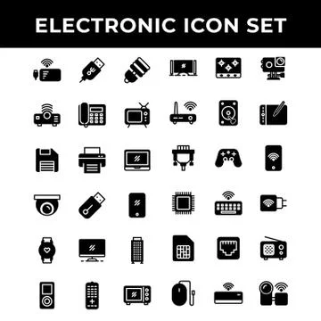 Electronic icon set include power bank,Port,lamp,Projector,telephone,televisi Stock Illustration