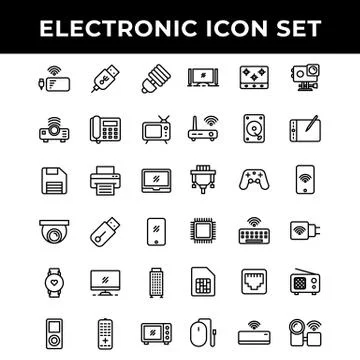 Electronic icon set include power bank,Port,lamp,Projector,telephone,televisi Stock Illustration