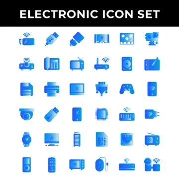 Electronic icon set include power bank,Port,lamp,Projector,telephone,televisi Stock Illustration