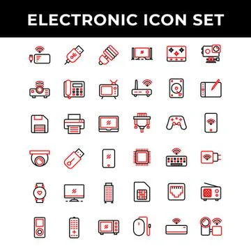 Electronic icon set include power bank,Port,lamp,Projector,telephone,televisi Stock Illustration