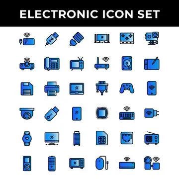 Electronic icon set include power bank,Port,lamp,Projector,telephone,televisi Stock Illustration