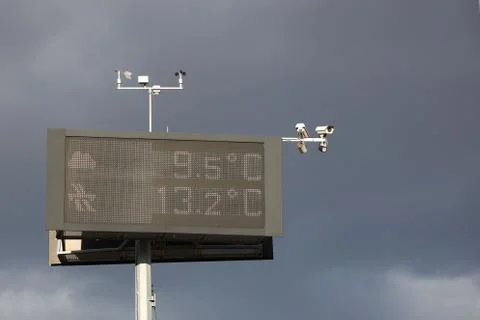 Electronic information board measuring temperature against the backdrop of th Stock Photos