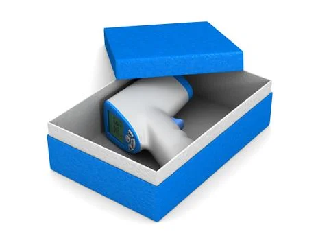 Electronic infrared thermometer into box on white background. Isolated 3D ill Stockillustratie