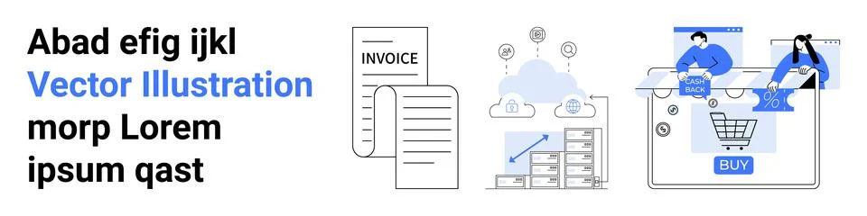 Electronic invoice, data charts, cloud storage icons, online shopping cart, p Stock Illustration
