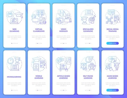 Electronic learning blue gradient onboarding mobile app screen set イラスト素材