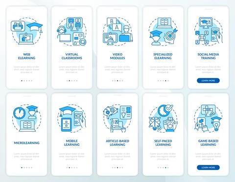 Electronic learning blue onboarding mobile app screen set イラスト素材